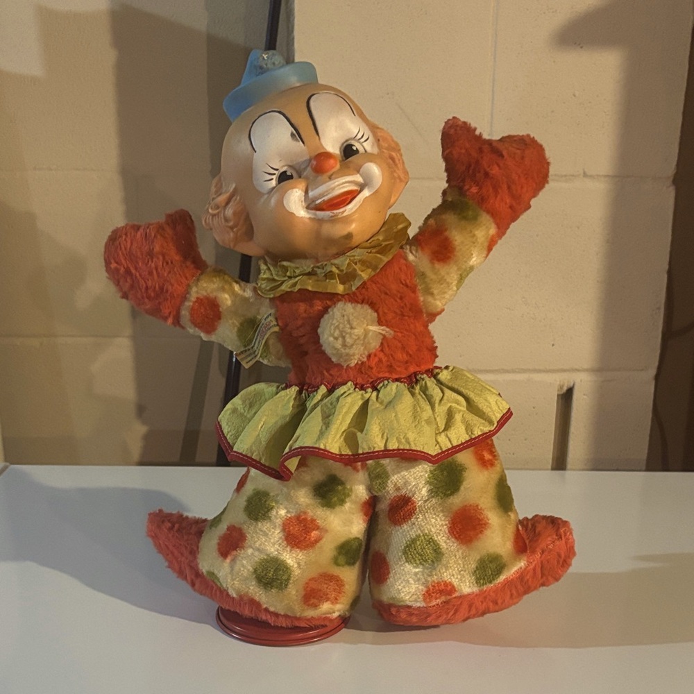 Vintage Clown double face Plush wind up with Red and Green Polka Dots